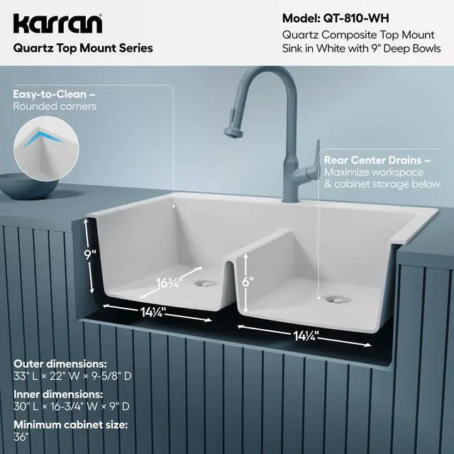 Alt view image 5 of 6 - 33 Inch White Quartz Composite Double Bowl Kitchen Sink, Top Mount Drop-In 50/50 Low Divider, Heat & Impact Resistant Granite Quartz Sink with Sound Dampening, QT-810