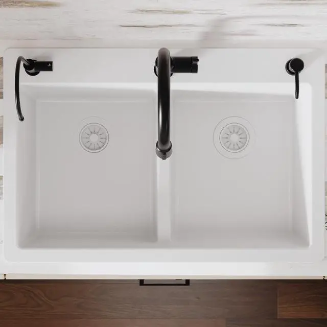 Alt view image 6 of 6 - 33 Inch White Quartz Composite Double Bowl Kitchen Sink, Top Mount Drop-In 50/50 Low Divider, Heat & Impact Resistant Granite Quartz Sink with Sound Dampening, QT-810