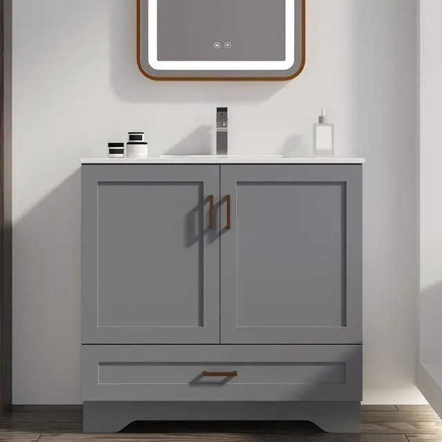 Main image of 36 inch Bathroom Vanity with Sink, Modern Grey Vanity for Bathroom with Undermount Ceramic Sink, Freestanding 2-Door & 1-Drawer Storage Cabinet, for Small Bathroom Space, (Grey, 36")