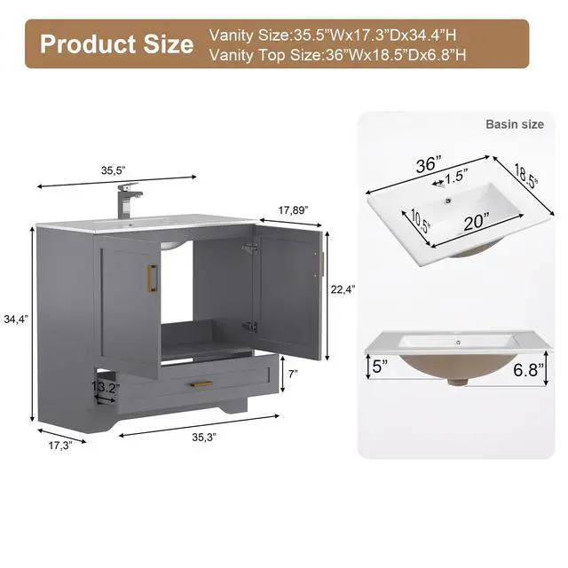 Alt view image 2 of 6 - 36 inch Bathroom Vanity with Sink, Modern Grey Vanity for Bathroom with Undermount Ceramic Sink, Freestanding 2-Door & 1-Drawer Storage Cabinet, for Small Bathroom Space, (Grey, 36")