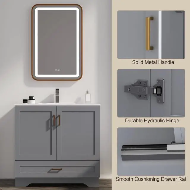 Alt view image 3 of 6 - 36 inch Bathroom Vanity with Sink, Modern Grey Vanity for Bathroom with Undermount Ceramic Sink, Freestanding 2-Door & 1-Drawer Storage Cabinet, for Small Bathroom Space, (Grey, 36")