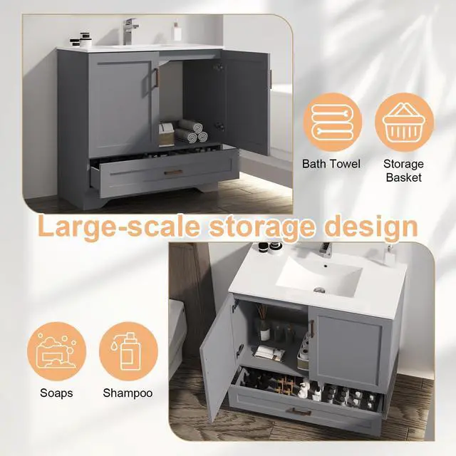 Alt view image 4 of 6 - 36 inch Bathroom Vanity with Sink, Modern Grey Vanity for Bathroom with Undermount Ceramic Sink, Freestanding 2-Door & 1-Drawer Storage Cabinet, for Small Bathroom Space, (Grey, 36")