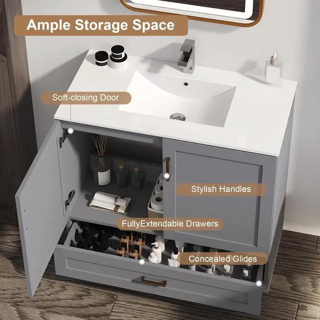 Alt view image 5 of 6 - 36 inch Bathroom Vanity with Sink, Modern Grey Vanity for Bathroom with Undermount Ceramic Sink, Freestanding 2-Door & 1-Drawer Storage Cabinet, for Small Bathroom Space, (Grey, 36")