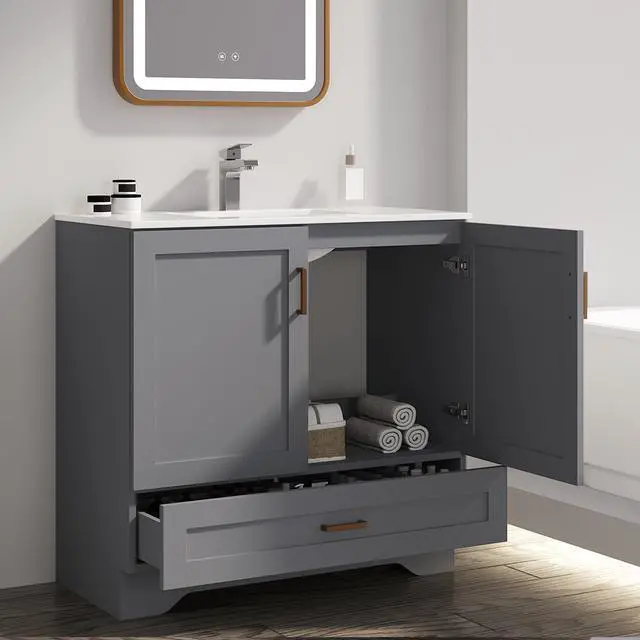 Alt view image 6 of 6 - 36 inch Bathroom Vanity with Sink, Modern Grey Vanity for Bathroom with Undermount Ceramic Sink, Freestanding 2-Door & 1-Drawer Storage Cabinet, for Small Bathroom Space, (Grey, 36")