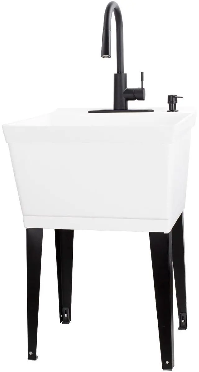 Main image of White Utility Sink Laundry Tub With High Arc Black Kitchen Faucet By - Pull Down Sprayer Spout, Heavy Duty Slop Sinks For Washing Room, Basement, Garage, or Shop, Free Standing Tubs