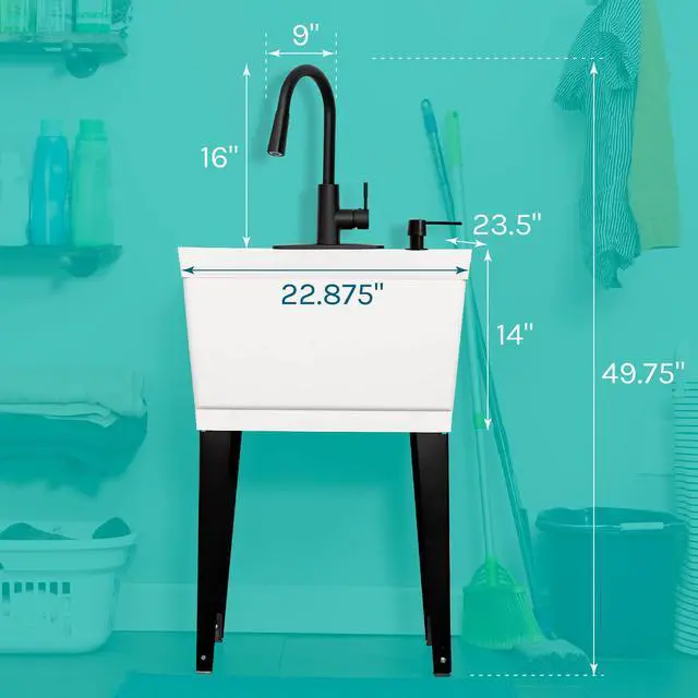 Alt view image 2 of 6 - White Utility Sink Laundry Tub With High Arc Black Kitchen Faucet By - Pull Down Sprayer Spout, Heavy Duty Slop Sinks For Washing Room, Basement, Garage, or Shop, Free Standing Tubs