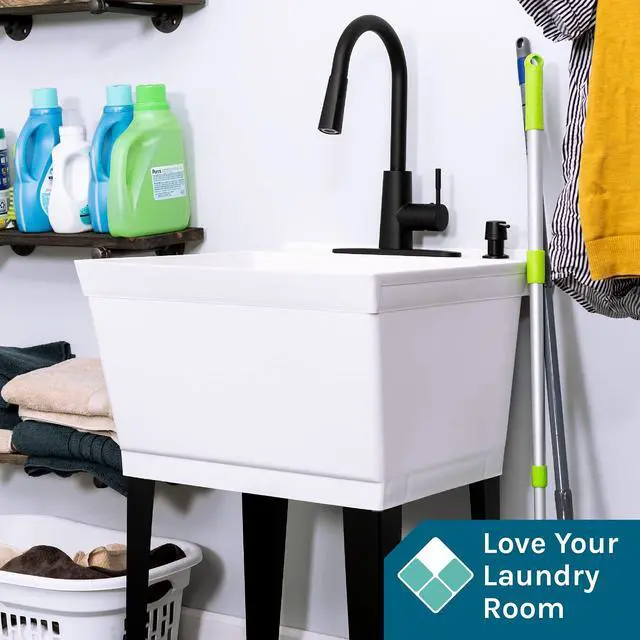 Alt view image 3 of 6 - White Utility Sink Laundry Tub With High Arc Black Kitchen Faucet By - Pull Down Sprayer Spout, Heavy Duty Slop Sinks For Washing Room, Basement, Garage, or Shop, Free Standing Tubs