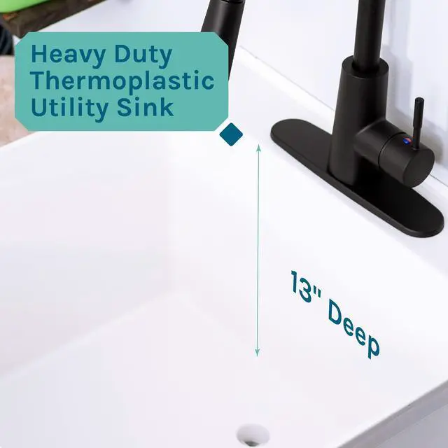 Alt view image 6 of 6 - White Utility Sink Laundry Tub With High Arc Black Kitchen Faucet By - Pull Down Sprayer Spout, Heavy Duty Slop Sinks For Washing Room, Basement, Garage, or Shop, Free Standing Tubs