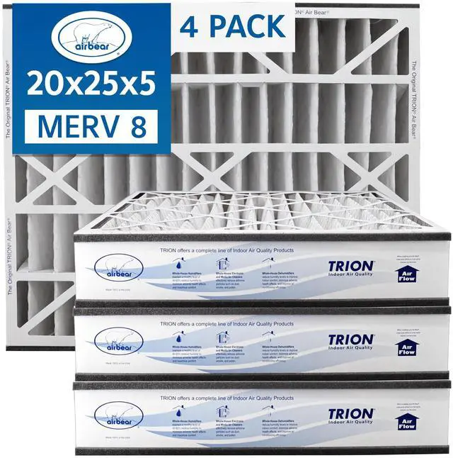 Main image of Air Bear 20x25x5 Pleated HVAC Air Filter MERV 8 (4-Pack) (actual size: 19.75" x 24.25" x 4.9" in.) compatible part number 255649-102