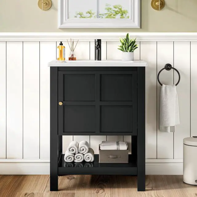 Main image of 24 Inch Bathroom Vanity with Sink, Small Farmhouse Freestanding Bathroom Cabinet Combo Set, Soft Closing Door and Open Storage Shelf, Black