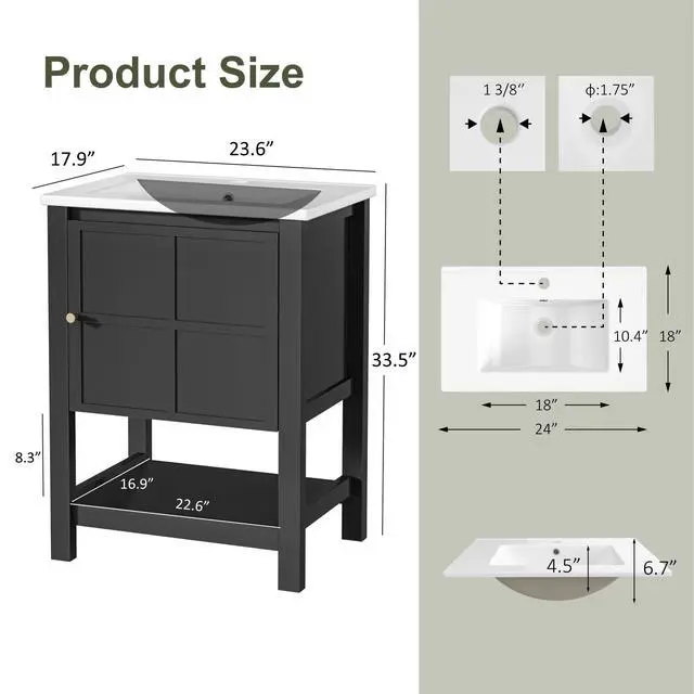 Alt view image 2 of 6 - 24 Inch Bathroom Vanity with Sink, Small Farmhouse Freestanding Bathroom Cabinet Combo Set, Soft Closing Door and Open Storage Shelf, Black