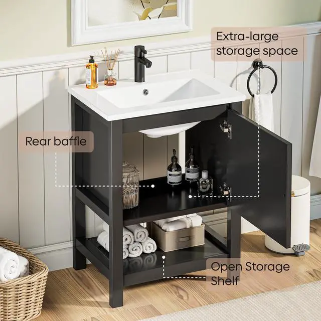 Alt view image 3 of 6 - 24 Inch Bathroom Vanity with Sink, Small Farmhouse Freestanding Bathroom Cabinet Combo Set, Soft Closing Door and Open Storage Shelf, Black