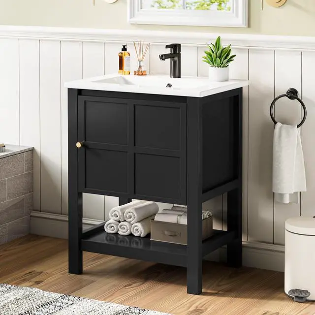 Alt view image 4 of 6 - 24 Inch Bathroom Vanity with Sink, Small Farmhouse Freestanding Bathroom Cabinet Combo Set, Soft Closing Door and Open Storage Shelf, Black