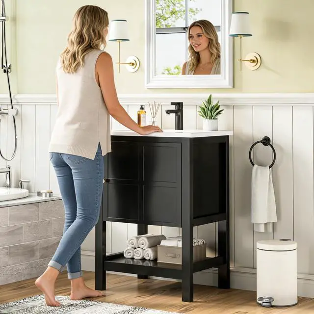 Alt view image 6 of 6 - 24 Inch Bathroom Vanity with Sink, Small Farmhouse Freestanding Bathroom Cabinet Combo Set, Soft Closing Door and Open Storage Shelf, Black