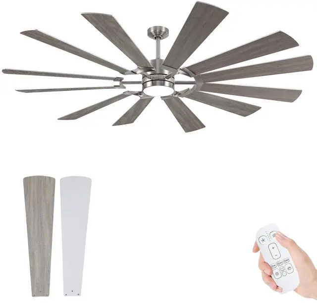 Main image of 62'' Farmhouse Ceiling Fan with Light,12 Dual-Finish Wind Mill Blades, 3 Downrods, 6-Speed Reversible DC Motor, High CFM, 3CCT, Indoor Outdoor Modern Industrial Fans for Patio Commercial Shop Garage