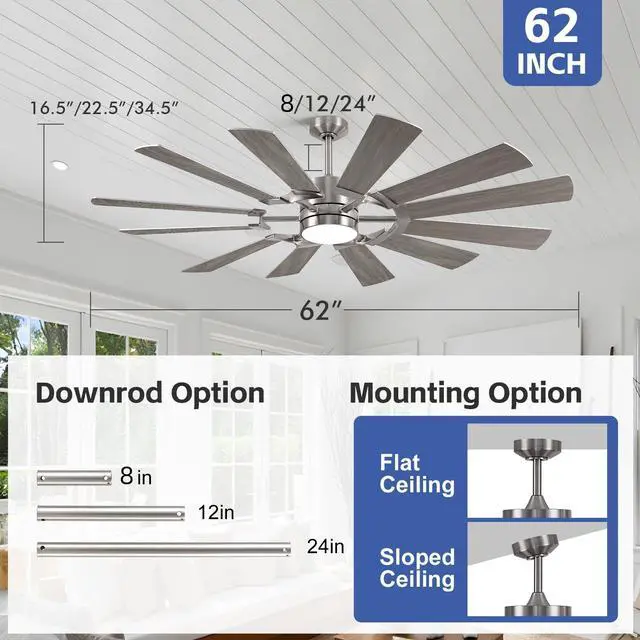 Alt view image 4 of 6 - 62'' Farmhouse Ceiling Fan with Light,12 Dual-Finish Wind Mill Blades, 3 Downrods, 6-Speed Reversible DC Motor, High CFM, 3CCT, Indoor Outdoor Modern Industrial Fans for Patio Commercial Shop Garage