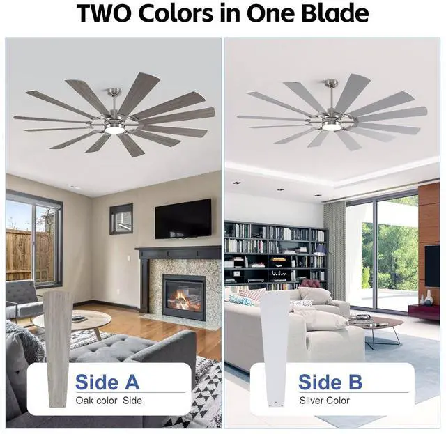 Alt view image 5 of 6 - 62'' Farmhouse Ceiling Fan with Light,12 Dual-Finish Wind Mill Blades, 3 Downrods, 6-Speed Reversible DC Motor, High CFM, 3CCT, Indoor Outdoor Modern Industrial Fans for Patio Commercial Shop Garage