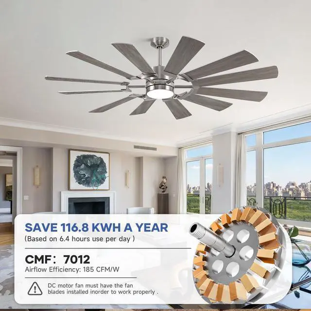 Alt view image 6 of 6 - 62'' Farmhouse Ceiling Fan with Light,12 Dual-Finish Wind Mill Blades, 3 Downrods, 6-Speed Reversible DC Motor, High CFM, 3CCT, Indoor Outdoor Modern Industrial Fans for Patio Commercial Shop Garage