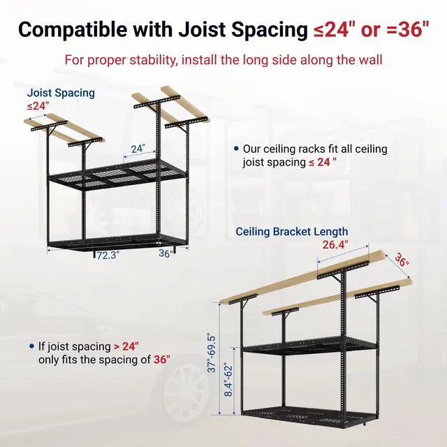 Alt view image 2 of 6 - 3x6ft 2-Tier Garage Ceiling Storage Rack, Adjustable Overhead Garage Storage System, Heavy Duty Metal Shelving, 880lbs Capacity, Ideal for 915ft High Ceilings, Black