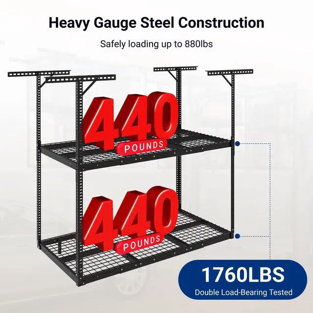 Alt view image 4 of 6 - 3x6ft 2-Tier Garage Ceiling Storage Rack, Adjustable Overhead Garage Storage System, Heavy Duty Metal Shelving, 880lbs Capacity, Ideal for 915ft High Ceilings, Black