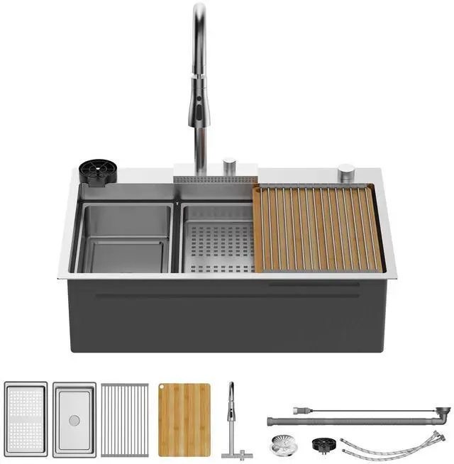 Main image of 33 Inch Waterfall Kitchen Sink with Faucet, 33x19 Drop In Workstation Sink 18 Gauge Single Bowl Smart Basin with Cup Washer, Cutting Board & All Accessories, Left Drain, Stainless Steel