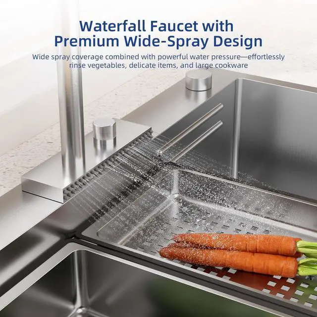Alt view image 4 of 6 - 33 Inch Waterfall Kitchen Sink with Faucet, 33x19 Drop In Workstation Sink 18 Gauge Single Bowl Smart Basin with Cup Washer, Cutting Board & All Accessories, Left Drain, Stainless Steel