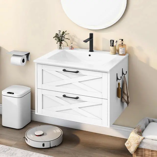 Main image of 24 Inch Bathroom Vanity with Sink, Wall Mounted Vanity with 2 Storage Darwers, Floating Bathroom Vanity with Storage, Bathroom Floating Vanity with Towel Hook, White