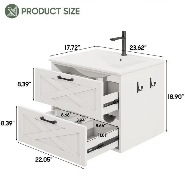 Alt view image 2 of 6 - 24 Inch Bathroom Vanity with Sink, Wall Mounted Vanity with 2 Storage Darwers, Floating Bathroom Vanity with Storage, Bathroom Floating Vanity with Towel Hook, White