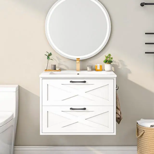 Alt view image 4 of 6 - 24 Inch Bathroom Vanity with Sink, Wall Mounted Vanity with 2 Storage Darwers, Floating Bathroom Vanity with Storage, Bathroom Floating Vanity with Towel Hook, White