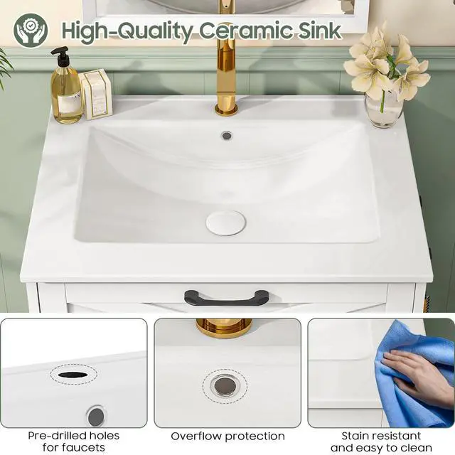 Alt view image 6 of 6 - 24 Inch Bathroom Vanity with Sink, Wall Mounted Vanity with 2 Storage Darwers, Floating Bathroom Vanity with Storage, Bathroom Floating Vanity with Towel Hook, White