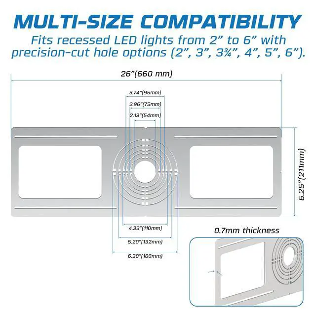 Alt view image 4 of 6 - 48-Pack New Construction Recessed Light Mounting Plates, Flat Steel Rough-in Brackets - Symmetric Round Holes w/ Multiple Cutouts 2 til 6 Adjustable Panel for LED Wafer & Recessed Lighting