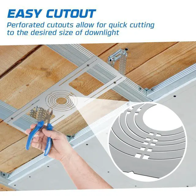 Alt view image 5 of 6 - 48-Pack New Construction Recessed Light Mounting Plates, Flat Steel Rough-in Brackets - Symmetric Round Holes w/ Multiple Cutouts 2 til 6 Adjustable Panel for LED Wafer & Recessed Lighting