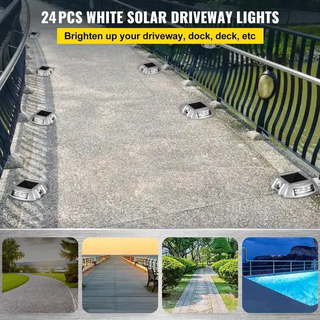 Alt view image 2 of 6 - Driveway Lights 24-Pack Solar Driveway Lights Bright White with Screw Solar Deck Lights Outdoor Waterproof Wireless Dock Lights 6 LEDs for Path Warning Garden Walkway Sidewalk Steps