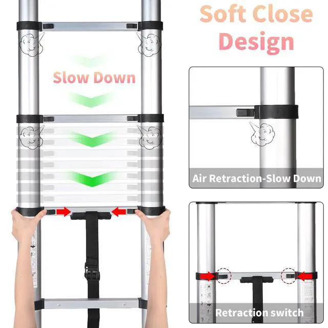 Alt view image 4 of 6 - Telescoping Ladder,12.5 Feet Aluminum Telescopic Extension Ladder,Soft Close Design Multi-Purpose Extendable Ladder for Household Daily or Hobbies,330 Lb Capacity