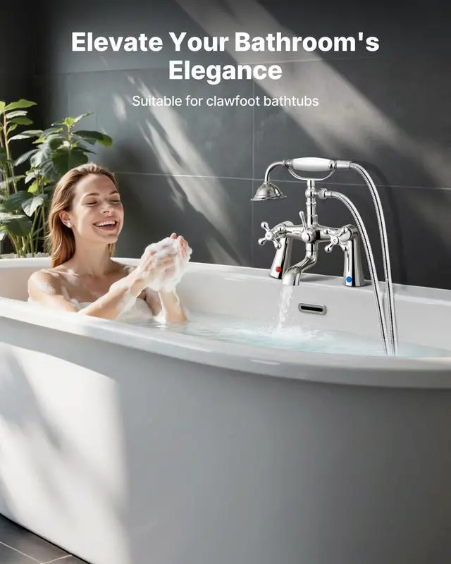 Alt view image 2 of 6 - Clawfoot Tub Faucet, Deck Mount Bathtub Faucets with Handheld Shower, Vintage Polished Chrome Clawfoot Tub Filler Faucet Shower Kit with 360° Rotation Spout & 59-inch Long Hose for Bathtubs