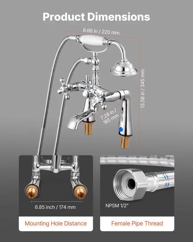Alt view image 3 of 6 - Clawfoot Tub Faucet, Deck Mount Bathtub Faucets with Handheld Shower, Vintage Polished Chrome Clawfoot Tub Filler Faucet Shower Kit with 360° Rotation Spout & 59-inch Long Hose for Bathtubs