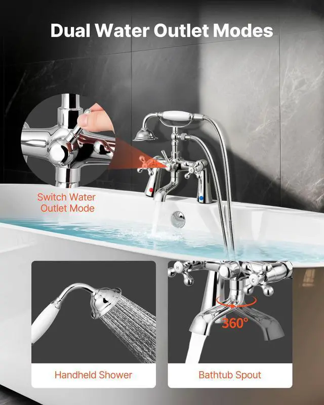 Alt view image 4 of 6 - Clawfoot Tub Faucet, Deck Mount Bathtub Faucets with Handheld Shower, Vintage Polished Chrome Clawfoot Tub Filler Faucet Shower Kit with 360° Rotation Spout & 59-inch Long Hose for Bathtubs