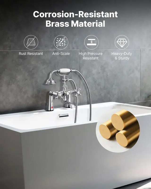 Alt view image 5 of 6 - Clawfoot Tub Faucet, Deck Mount Bathtub Faucets with Handheld Shower, Vintage Polished Chrome Clawfoot Tub Filler Faucet Shower Kit with 360° Rotation Spout & 59-inch Long Hose for Bathtubs