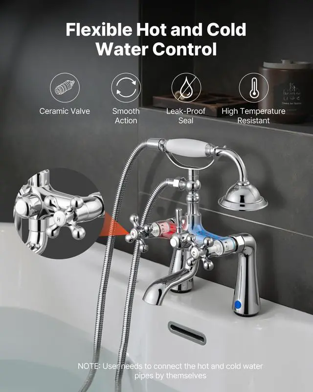 Alt view image 6 of 6 - Clawfoot Tub Faucet, Deck Mount Bathtub Faucets with Handheld Shower, Vintage Polished Chrome Clawfoot Tub Filler Faucet Shower Kit with 360° Rotation Spout & 59-inch Long Hose for Bathtubs