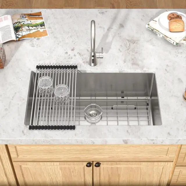 Alt view image 2 of 6 - Undermount Kitchen Sink - 33 Inch Undermount 16 Gauge Stainless Steel Kitchen Sink Under Counter Single Bowl Sinks Round Corner, 33"x19"x9" #TLU-0024