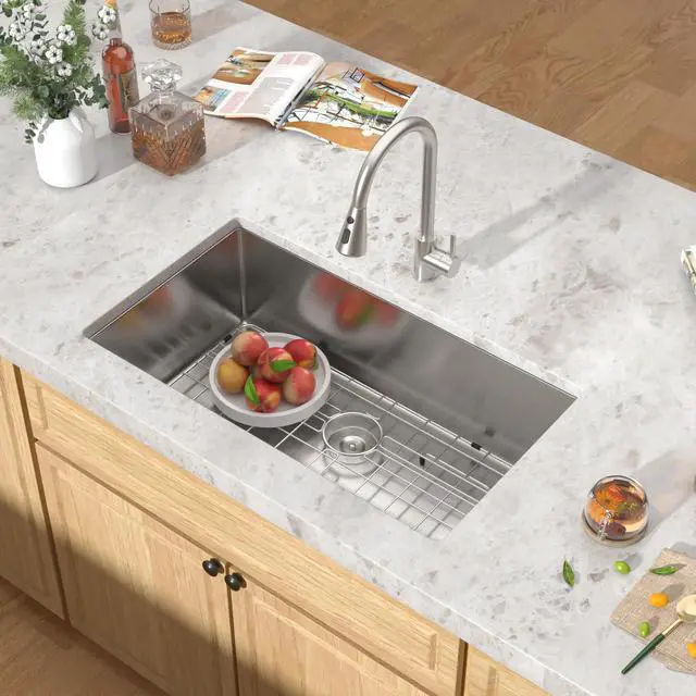 Alt view image 4 of 6 - Undermount Kitchen Sink - 33 Inch Undermount 16 Gauge Stainless Steel Kitchen Sink Under Counter Single Bowl Sinks Round Corner, 33"x19"x9" #TLU-0024