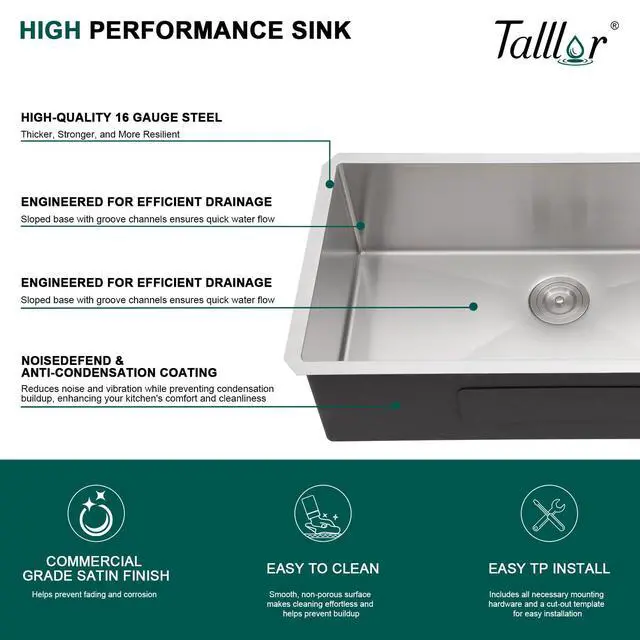 Alt view image 5 of 6 - Undermount Kitchen Sink - 33 Inch Undermount 16 Gauge Stainless Steel Kitchen Sink Under Counter Single Bowl Sinks Round Corner, 33"x19"x9" #TLU-0024