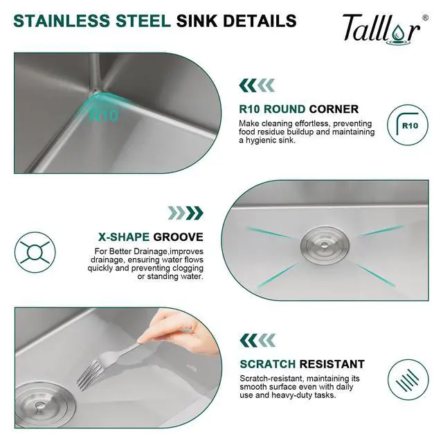 Alt view image 6 of 6 - Undermount Kitchen Sink - 33 Inch Undermount 16 Gauge Stainless Steel Kitchen Sink Under Counter Single Bowl Sinks Round Corner, 33"x19"x9" #TLU-0024