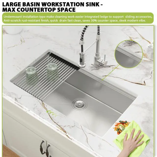 Alt view image 3 of 6 - 30 Inch Undermount Kitchen Sink T304 Stainless Steel Kitchen Sink | 30x19x9 Inch Single Bowl Integrated Ledge Deep Bowl Handmade Under Counter Sink