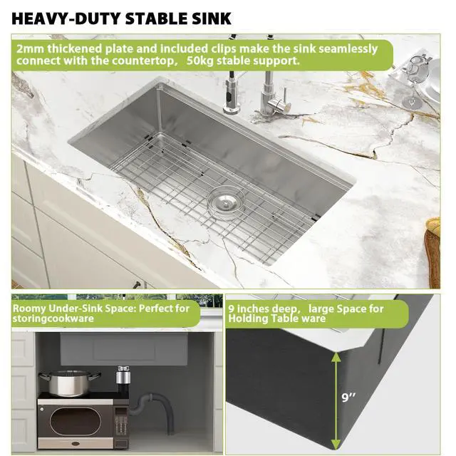 Alt view image 5 of 6 - 30 Inch Undermount Kitchen Sink T304 Stainless Steel Kitchen Sink | 30x19x9 Inch Single Bowl Integrated Ledge Deep Bowl Handmade Under Counter Sink