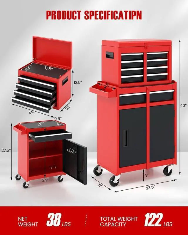 Alt view image 2 of 6 - 2-in-1 Rolling Tool Chest with 5 Drawers, Heavy-Duty Metal Tool Box with Wheels, Detachable Top Tool Box & Rolling Tool Cabinet for Garage, DIY, Mechanics, Red+Black
