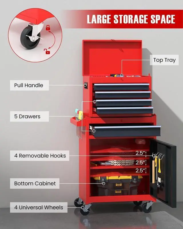 Alt view image 3 of 6 - 2-in-1 Rolling Tool Chest with 5 Drawers, Heavy-Duty Metal Tool Box with Wheels, Detachable Top Tool Box & Rolling Tool Cabinet for Garage, DIY, Mechanics, Red+Black