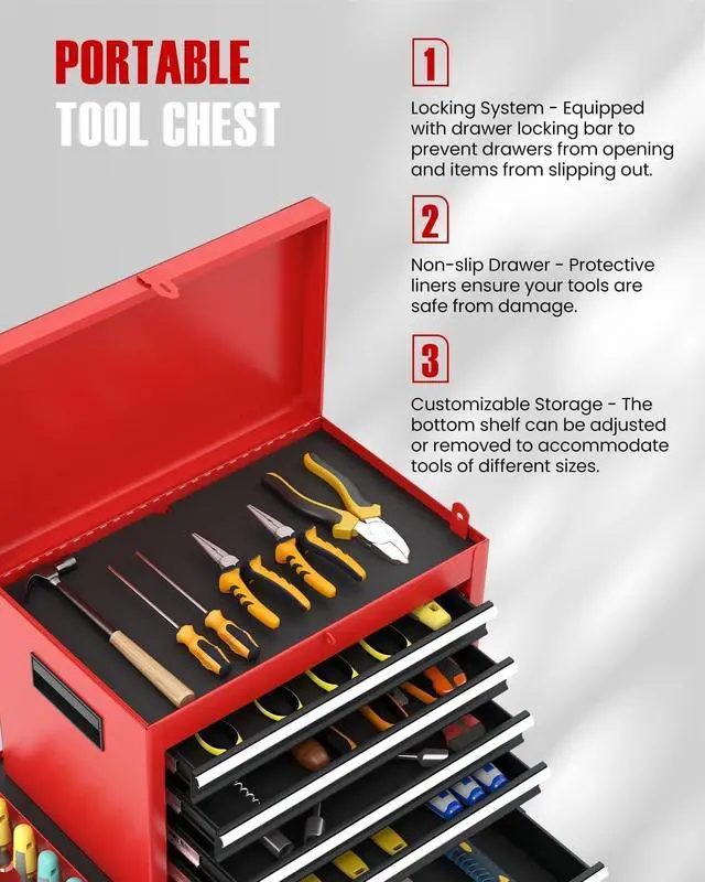 Alt view image 4 of 6 - 2-in-1 Rolling Tool Chest with 5 Drawers, Heavy-Duty Metal Tool Box with Wheels, Detachable Top Tool Box & Rolling Tool Cabinet for Garage, DIY, Mechanics, Red+Black