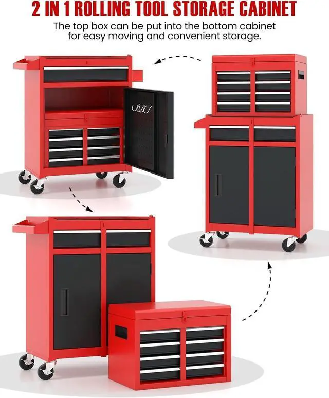 Alt view image 5 of 6 - 2-in-1 Rolling Tool Chest with 5 Drawers, Heavy-Duty Metal Tool Box with Wheels, Detachable Top Tool Box & Rolling Tool Cabinet for Garage, DIY, Mechanics, Red+Black