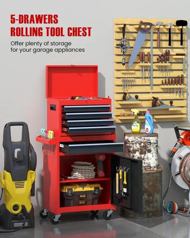 Alt view image 6 of 6 - 2-in-1 Rolling Tool Chest with 5 Drawers, Heavy-Duty Metal Tool Box with Wheels, Detachable Top Tool Box & Rolling Tool Cabinet for Garage, DIY, Mechanics, Red+Black